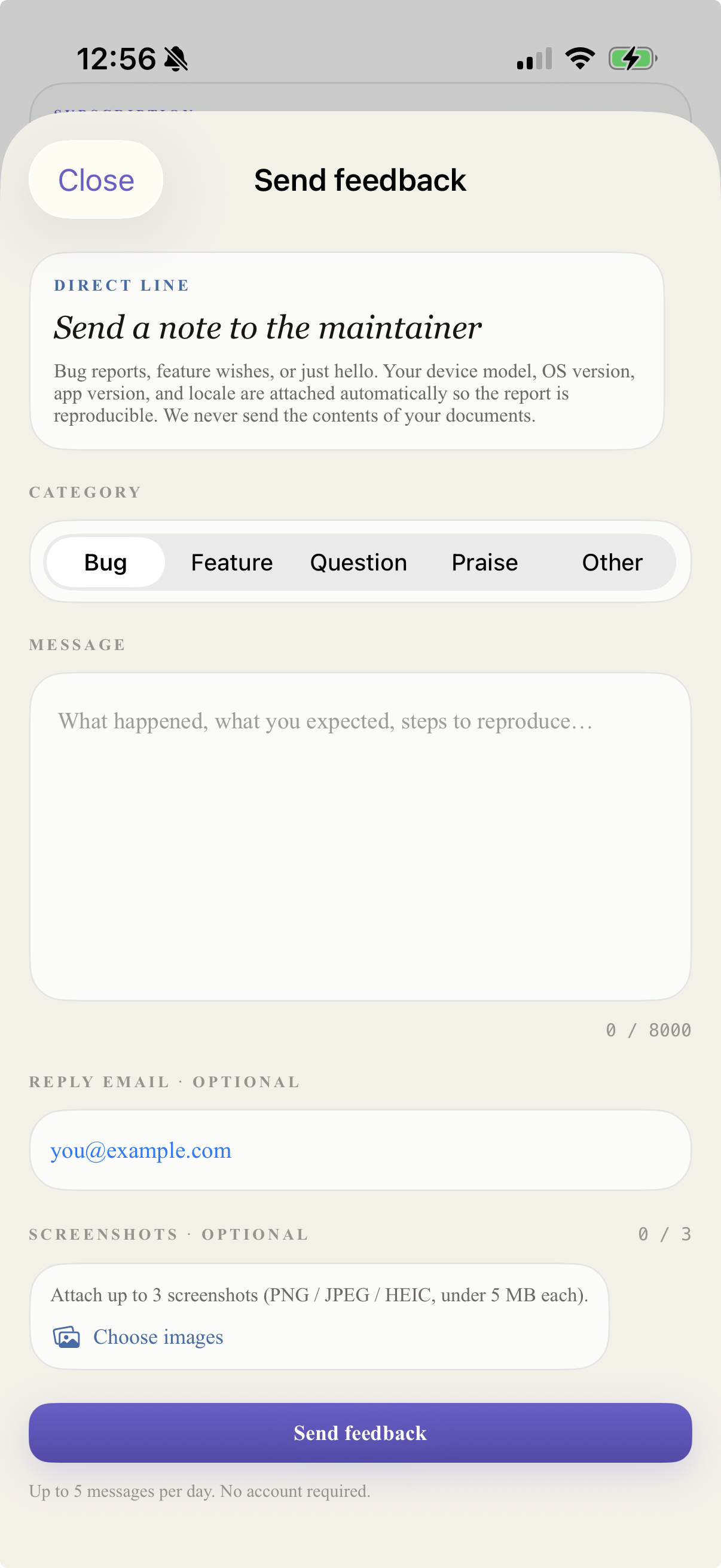 Send feedback from the app or by email.